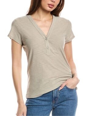 James Perse Tan V-Neck Short Sleeve Henley Tee
